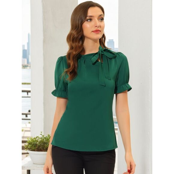 Bow Tie Neck Tops Workwear Short Sleeve Blouse Deep Green - Picture 2 of 5